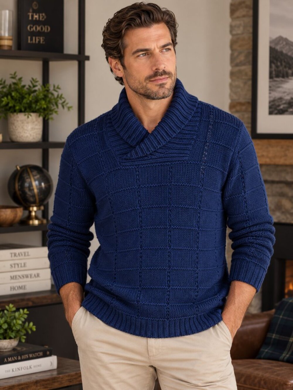 Hugo Hugo Boss Blue Shawl Collar Long Sleeve Virgin Wool Sweater Mens XL NWT
